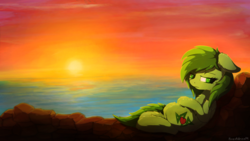 Size: 1600x900 | Tagged: safe, artist:breakdream, oc, oc only, oc:eskalion, earth pony, pony, commission, female, floppy ears, mare, sad, solo, sunset, water, ych result