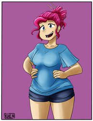 Size: 781x1011 | Tagged: safe, artist:kprovido, pinkie pie, human, g4, alternate hairstyle, chubby, clothes, female, hair bun, hand on hip, humanized, open mouth, shirt, shorts, simple background, smiling, solo