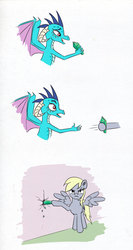 Size: 732x1378 | Tagged: safe, artist:el-yeguero, derpy hooves, princess ember, dragon, pegasus, pony, g4, triple threat, angry, comic, derpy hooves is not amused, duo, gem, revenge, simple background, spread wings, the tables have turned, unamused, wings