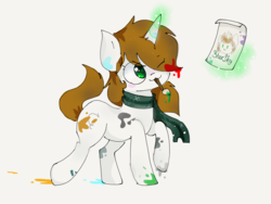 Size: 2048x1536 | Tagged: safe, artist:pinkflutter, oc, oc only, oc:starsky, pony, unicorn, clothes, female, magic, mare, one eye closed, paint, paper, scarf, solo, walking, wink