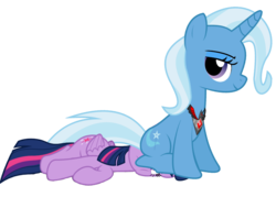 Size: 1024x732 | Tagged: dead source, safe, artist:dashiesparkle, artist:rozyfly10, trixie, twilight sparkle, alicorn, pony, unicorn, g4, alicorn amulet, duo, faceful of ass, facesitting, female, lesbian, lying, on side, prize on the eyes, ship:twixie, shipping, simple background, sitting, sitting on pony, transparent background, twilight sparkle (alicorn)
