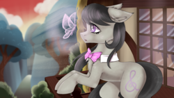 Size: 1366x768 | Tagged: safe, artist:cottonaime, artist:iluna_shake, dj pon-3, octavia melody, vinyl scratch, butterfly, earth pony, insect, pony, g4, background pony, bow, bowtie, collaboration, embrace, female, mare, raised hoof, solo, standing, sunset, transparent wings, wallpaper