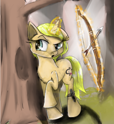 Size: 1850x2000 | Tagged: safe, artist:chopsticks, oc, oc only, pony, unicorn, arrow, bow (weapon), bow and arrow, chest fluff, cutie mark, fanfic, fanfic art, female, forest, knife, magic, mare, raised hoof, solo, telekinesis, weapon