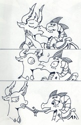 Size: 723x1117 | Tagged: safe, artist:kuroneko, derpibooru exclusive, princess ember, thorax, changedling, changeling, dragon, g4, triple threat, comic, dragon lord ember, female, french kiss, interspecies, king thorax, kiss on the lips, kissing, male, monochrome, ship:embrax, shipping, simple background, straight, tongue out, tongue tied, traditional art, white background