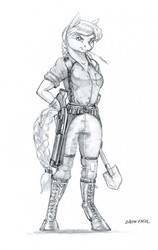 Size: 950x1506 | Tagged: safe, artist:baron engel, granny smith, earth pony, anthro, unguligrade anthro, g4, breasts, clothes, female, grayscale, gun, looking at you, mare, monochrome, sawed off shotgun, shotgun, shovel, simple background, sketch, solo, traditional art, weapon, white background, younger