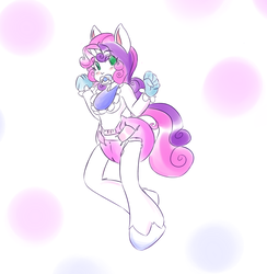 Size: 2614x2679 | Tagged: safe, artist:rfswitched, sweetie belle, anthro, unguligrade anthro, g4, abdl, adult foal, bib, breasts, cute, diaper, diasweetes, female, high res, non-baby in diaper, simple background, solo
