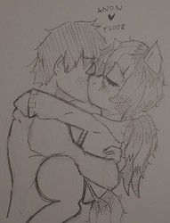 Size: 1162x1523 | Tagged: safe, artist:shpace, oc, oc only, oc:anon, oc:floor bored, earth pony, human, pony, /mlp/, 4chan, clothes, female, holding a pony, hoodie, human on pony action, interspecies, kissing, mare, monochrome, ponytail