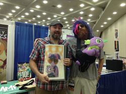 Size: 2048x1529 | Tagged: safe, artist:tony fleecs, idw, spike, dragon, human, bronycon, bronycon 2017, g4, clothes, comic, cosplay, costume, hangover twilight, irl, irl human, kalecgos, male, photo, the hangover, tony fleecs