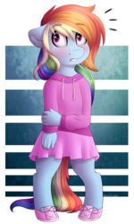 Size: 1200x2000 | Tagged: safe, artist:spirit-dude, rainbow dash, anthro, unguligrade anthro, g4, blushing, clothes, cute, female, floppy ears, mare, rainbow dash always dresses in style, shoes, simple background, skirt, solo, sweater, transparent background