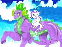 Size: 821x620 | Tagged: safe, artist:frozensoulpony, spike, oc, oc:lacy, dracony, dragon, hybrid, g4, bowtie, father and daughter, female, male, older, parent:diamond tiara, parent:spike, parents:spiketiara, traditional art