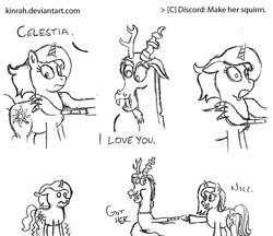 Size: 1023x882 | Tagged: safe, artist:kinrah, discord, princess celestia, princess luna, g4, :c, cewestia, comic, female, filly, floppy ears, frown, hoofbump, male, not sure if want, prank, ship:dislestia, shipping, sketch, straight, woona, younger