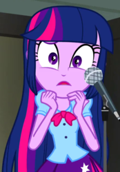 Size: 500x720 | Tagged: safe, screencap, twilight sparkle, equestria girls, g4, my little pony equestria girls: rainbow rocks, cropped, female, microphone, solo, twilight sparkle (alicorn), worried