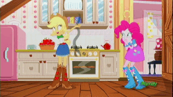 Size: 541x304 | Tagged: safe, screencap, applejack, pinkie pie, epic fails, equestria girls, g4, my little pony equestria girls: summertime shorts, animated, applejack's house, boots, burning, cowboy boots, dab, female, gif, house, kitchen, laughing, oven, shoes, smoke, stove, waving