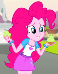 Size: 570x720 | Tagged: safe, edit, edited screencap, editor:ah96, screencap, pinkie pie, equestria girls, g4, my little pony equestria girls: friendship games, breast edit, breasts, cleavage, clothes, cropped, cupcake, female, food, skirt, solo