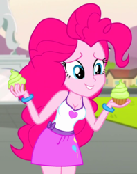 Size: 570x720 | Tagged: safe, edit, edited screencap, editor:ah96, screencap, pinkie pie, equestria girls, g4, my little pony equestria girls: friendship games, breast edit, breasts, cleavage, clothes, cropped, cupcake, female, food, partially undressed, skirt, solo