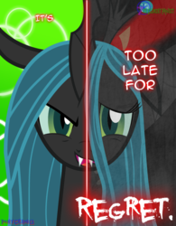 Size: 599x767 | Tagged: safe, artist:ponychaos13, queen chrysalis, changeling, two sided posters, g4, female, happy, regret, sad, scared, smiling, solo, split screen