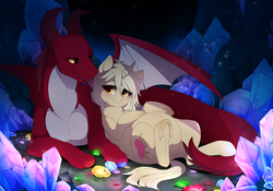 Size: 2000x1398 | Tagged: safe, artist:mr-tiaa, oc, oc only, oc:krystal, dragon, pony, unicorn, blushing, female, gem, interspecies, licking, lidded eyes, male, mare, on back, ponies breeding dragons, pregnant, prone, shipping, smiling, straight, tongue out, underhoof