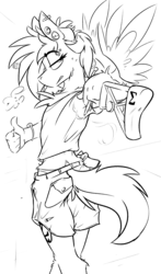 Size: 3062x5193 | Tagged: safe, artist:ralek, oc, oc only, oc:sapphire sights, anthro, black and white, blunt, clothes, ear piercing, gauges, grayscale, gun, handgun, implied drug use, looking back, midriff, monochrome, pants, piercing, pistol, rifle, sagging, shorts, sketch, smoking, sniper, weapon