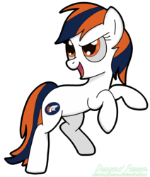Size: 2292x2704 | Tagged: safe, artist:desmondferrcon, oc, oc only, oc:milo highliss, pony, american football, broncos, denver broncos, female, football, handegg, high res, mare, nfl, rearing, simple background, smiling, solo, sports, standing, transparent background