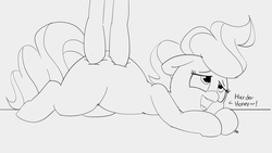 Size: 1280x721 | Tagged: safe, artist:pabbley, carrot cake, cup cake, earth pony, pony, g4, 30 minute art challenge, dialogue, massage, missing cutie mark, monochrome, open mouth, plump