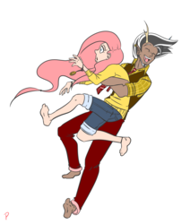 Size: 6600x7800 | Tagged: safe, artist:l-pastellepink-l, discord, fluttershy, human, g4, absurd resolution, barefoot, clothes, eyes closed, feet, female, horn, horned humanization, hug, humanized, male, ship:discoshy, shipping, shirt, shorts, simple background, smiling, straight