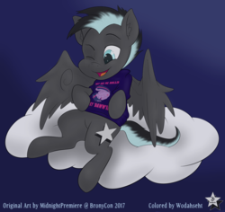 Size: 2250x2125 | Tagged: safe, artist:midnightpremiere, artist:wodahseht, oc, oc only, oc:star shadow, pegasus, pony, clothes, cloud, cutie mark, high res, male, open mouth, ponysona, shirt, solo, t-shirt, wings