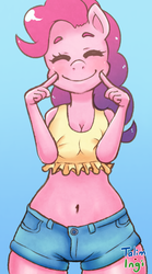 Size: 1064x1920 | Tagged: safe, artist:talimingi, pinkie pie, earth pony, anthro, g4, belly button, blue background, clothes, daisy dukes, eyes closed, female, midriff, shorts, signature, simple background, smiling, solo, top