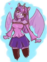 Size: 1024x1357 | Tagged: safe, artist:kawaiikitten97, twilight sparkle, alicorn, human, g4, blouse, clothes, cute, eared humanization, female, grin, heart, horn, horned humanization, humanized, moe, shoulderless, sketch, skirt, smiling, solo, stockings, thigh highs, twilight sparkle (alicorn), winged humanization, wings, zettai ryouiki