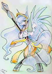 Size: 712x1000 | Tagged: safe, artist:limreiart, princess luna, alicorn, pony, g4, bipedal, colored pencil drawing, crossover, female, looking at you, mare, mercy, overwatch, simple background, smiling, solo, traditional art