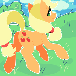 Size: 1000x1000 | Tagged: safe, artist:fazzfuck, applejack, earth pony, pony, g4, female, grass, looking back, mare, missing accessory, rear view, solo, tree