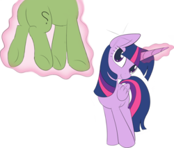 Size: 1299x1107 | Tagged: artist needed, safe, color edit, edit, twilight sparkle, oc, oc:anon, alicorn, pony, g4, anon pony, background removed, colored, female, floating, folded wings, glowing horn, head tilt, horn, implied transformation, levitation, magic, simple background, smiling, standing, telekinesis, transparent background, twilight sparkle (alicorn)
