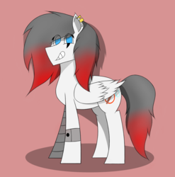 Size: 1727x1746 | Tagged: safe, artist:nguyendeliriam, oc, oc only, oc:relayn robi, cyborg, pegasus, pony, red and black mane, red background, simple background, smiling