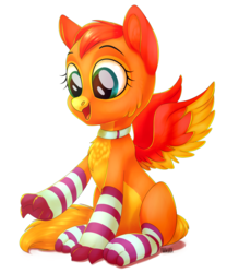 Size: 2431x2773 | Tagged: safe, artist:moonhoek, oc, oc only, oc:amber wing, griffon, rcf community, clothes, collar, cute, griffon oc, high res, simple background, sitting, socks, solo, striped socks, white background