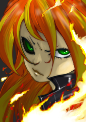 Size: 1059x1500 | Tagged: safe, artist:ddd1983, sunset shimmer, human, g4, female, green eyes, humanized, looking at you, serious, serious face, solo, sunset satan