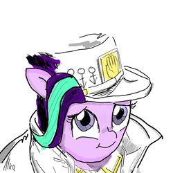 Size: 1024x1024 | Tagged: safe, artist:potatobug, derpibooru exclusive, starlight glimmer, pony, unicorn, g4, cute, diamond is unbreakable, doodle, female, glimmerbetes, glimmerposting, hat, jojo's bizarre adventure, jotaro kujo, looking at you, simple background, solo, white background