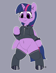 Size: 3857x5000 | Tagged: safe, artist:pabbley, twilight sparkle, alicorn, pony, semi-anthro, g4, belly button, bipedal, bottomless, clothes, featureless crotch, female, mare, partial nudity, pubic mound, simple background, solo, twilight sparkle (alicorn), uniform