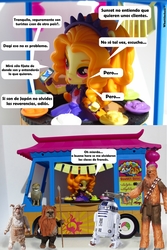Size: 905x1357 | Tagged: safe, artist:whatthehell!?, edit, adagio dazzle, owl, equestria girls, g4, bracelet, cellphone, chewbacca, doll, equestria girls minis, eqventures of the minis, food, irl, jewelry, parody, phone, photo, r2-d2, spanish, star wars, sushi, tiara, toy, translated in the comments, truck