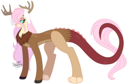 Size: 1024x675 | Tagged: safe, artist:traveleraoi, oc, oc only, oc:gaia, deer, draconequus, hybrid, pony, antlers, bunny ears, cloven hooves, colored pupils, draconequus oc, dragon tail, female, fluffy, hooves, interspecies offspring, mare, markings, next generation, offspring, parent:discord, parent:fluttershy, parents:discoshy, paws, scales, simple background, solo, spots, transparent background