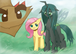 Size: 1512x1075 | Tagged: safe, artist:howxu, fluttershy, queen chrysalis, changeling, changeling queen, hydra, pegasus, pony, g4, cute, cutealis, female, former queen chrysalis, mare, shyabetes, smiling, trio