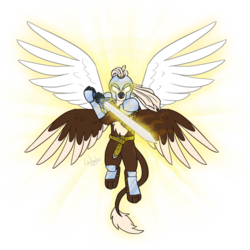Size: 1280x1280 | Tagged: safe, artist:wiggles, oc, oc only, oc:gwynn, griffon, angelic, armor, female, final form, flying, four wings, glowing eyes, helmet, light is not good, ponytail, simple background, solo, sword, transparent background, uberization, weapon, wings
