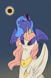 Size: 500x756 | Tagged: safe, artist:burgerpaws, princess celestia, princess luna, alicorn, pony, g4, blushing, covering eyes, eclipse, exclamation point, female, horn, jewelry, mare, open mouth, regalia, smiling, solar eclipse, spread wings, wings, younger