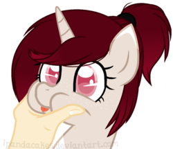 Size: 664x572 | Tagged: safe, artist:ipandacakes, oc, oc only, oc:pancake, pony, unicorn, :p, bust, colored pupils, cute, female, hand, mare, ponytail, portrait, puffy cheeks, short hair, simple background, solo, squishy cheeks, tongue out, transparent background, wide eyes