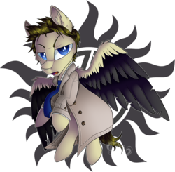 Size: 1000x979 | Tagged: safe, artist:mychelle, pegasus, pony, castiel, clothes, colored wings, male, multicolored wings, necktie, ponified, solo, stallion, supernatural