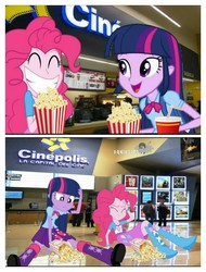 Size: 3106x4096 | Tagged: safe, pinkie pie, twilight sparkle, alicorn, equestria girls, g4, cinema, equestria girls in real life, food, irl, mess, photo, popcorn, twilight sparkle (alicorn)