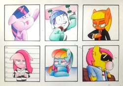 Size: 3188x2220 | Tagged: safe, artist:mustachedbain, applejack, fluttershy, pinkie pie, rainbow dash, rarity, twilight sparkle, pony, g4, alternate universe, atg 2017, beanie, clothes, food, gum, hat, high res, mane six, mugshot, newbie artist training grounds, pinkamena diane pie, skateboard, suit, sunglasses, traditional art