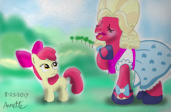 Size: 844x554 | Tagged: safe, artist:a-bright-idea, apple bloom, big macintosh, earth pony, pony, brotherhooves social, g4, atg 2017, clothes, crossdressing, dress, duo, eyes closed, newbie artist training grounds, orchard blossom, raised hoof, wig