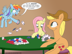 Size: 2800x2100 | Tagged: safe, artist:halflingpony, applejack, fluttershy, rainbow dash, earth pony, pegasus, pony, g4, angry, atg 2017, dialogue, flying, gradient background, high res, newbie artist training grounds, poker, poker face, shrunken pupils, sitting