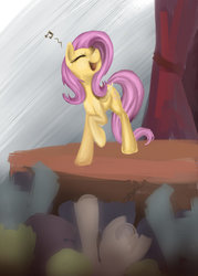 Size: 900x1260 | Tagged: safe, artist:zetamad, fluttershy, pony, g4, atg 2017, audience, eyes closed, female, folded wings, group, newbie artist training grounds, raised hoof, singing, smiling, solo focus, stage