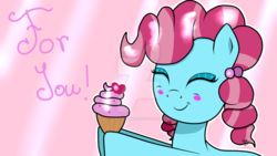 Size: 1024x576 | Tagged: safe, artist:susanzx2000, cup cake, earth pony, pony, g4, blushing, cake, chiffon swirl, cupcake, cute, cute cake, deviantart watermark, eyes closed, female, food, holding, mare, obtrusive watermark, smiling, solo, text, watermark, young, younger