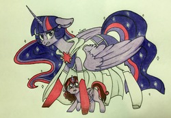 Size: 3164x2190 | Tagged: safe, artist:ameliacostanza, twilight sparkle, oc, oc:gwen reilly parker sparkle, alicorn, pony, spiders and magic: rise of spider-mane, g4, amethyst sorceress, blushing, cloak, clothes, commission, crying, ethereal mane, female, filly, high res, mama bear, mama twilight, mare, protecting, socks, traditional art, twilight sparkle (alicorn)